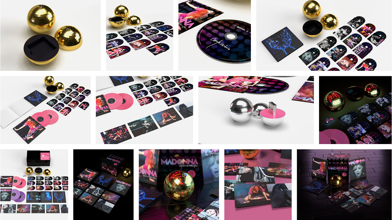 Drafts and work in progress images of my 3D assets created for Madonna's "Confessions on a Dance Floor" box set