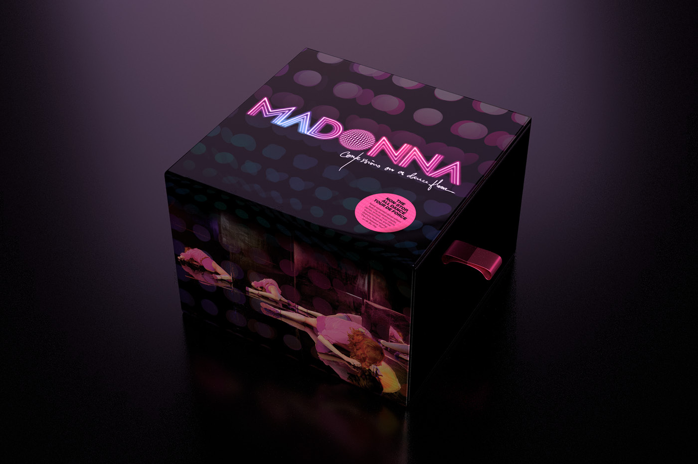 Madonna's "Confessions on a Dance Floor" box set box design, angled to show the pink ribbon on the drawer