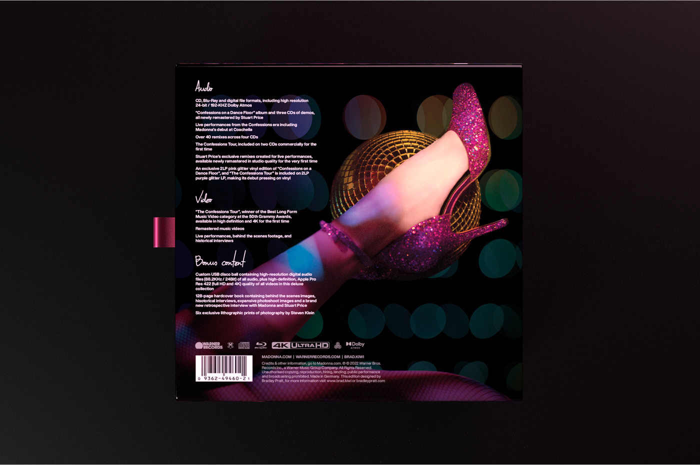 Madonna's "Confessions on a Dance Floor" box set back cover design with tracklist details and a Steven Klein photograph