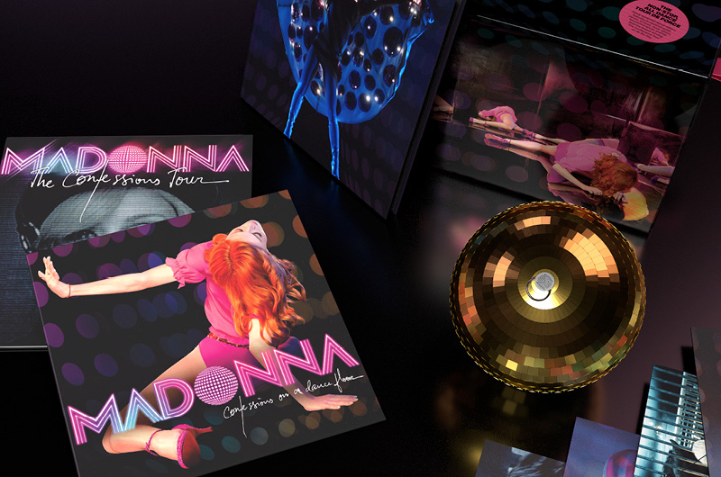 Madonna's "Confessions on a Dance Floor" box set contents opened, highlighting the disco ball and vinyl sleeves
