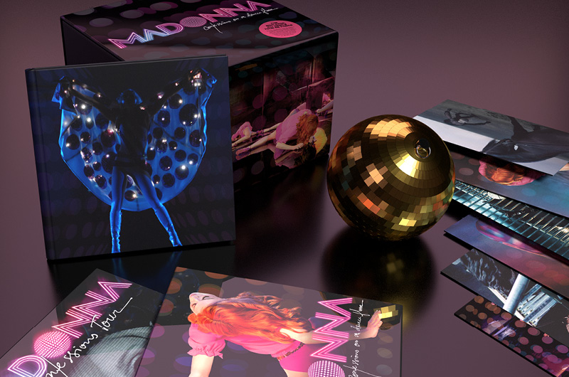 Madonna's "Confessions on a Dance Floor" box set contents spotlighting the hardcover book and disco ball