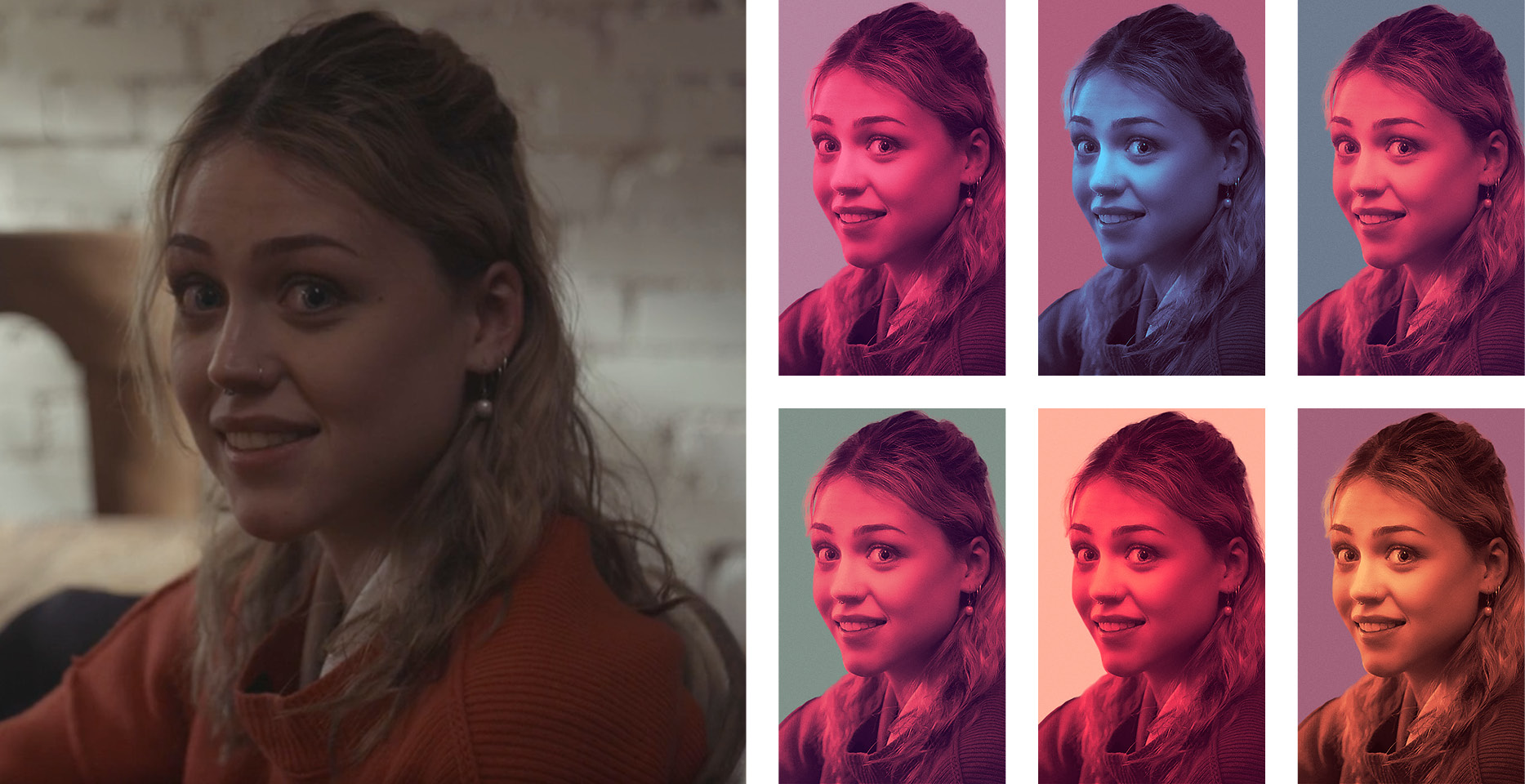 The still photo from 'Don't Be Rude' (2025) with photoshopped, colour treated photos in pink, blue, orange and red tones.