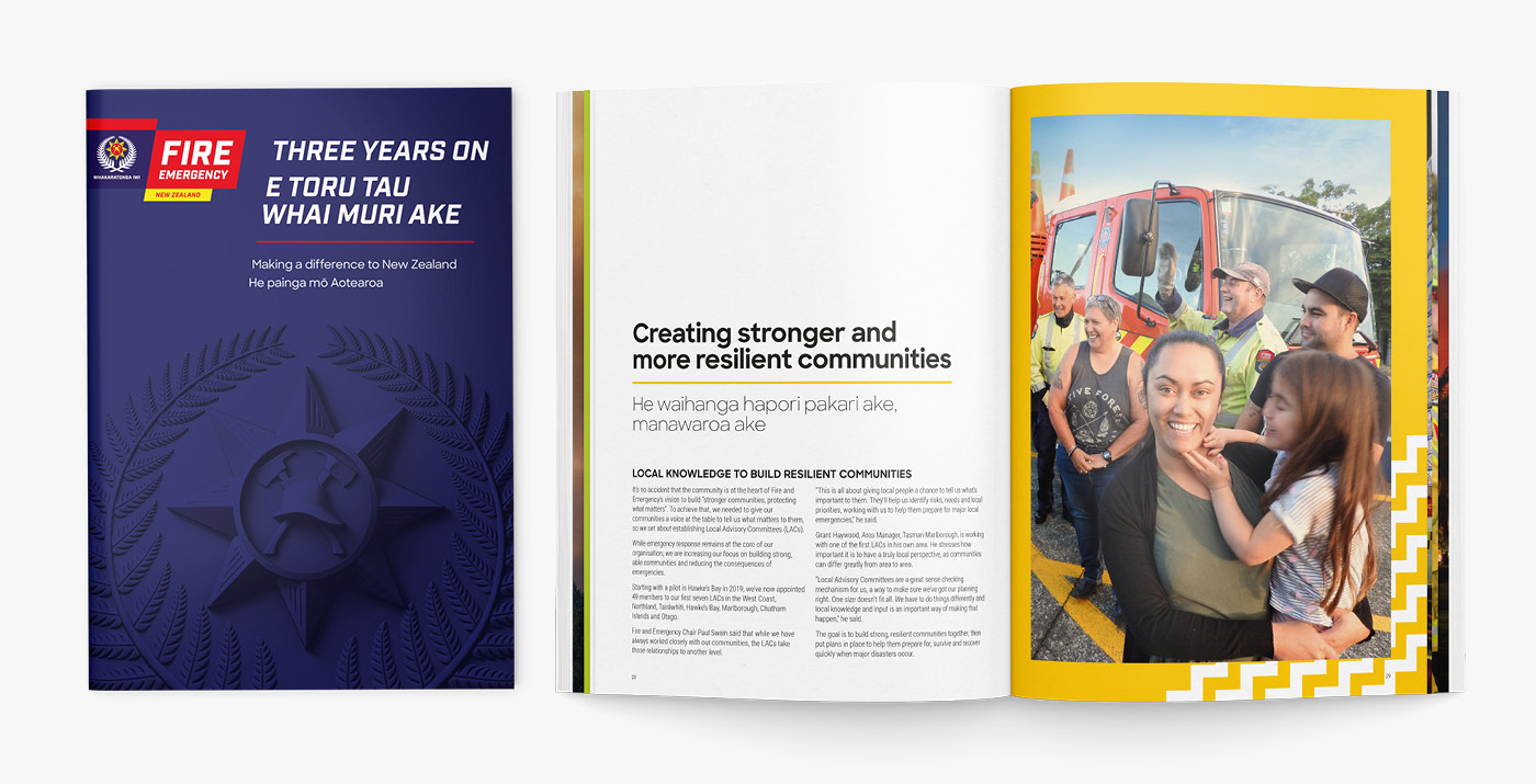 Fire and Emergency NZ 'Three Years On' book cover and spread