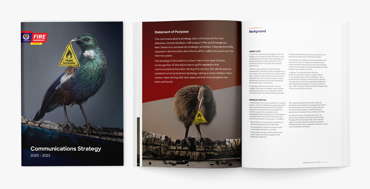 Fire and Emergency NZ 'Communications Strategy 2020 - 2022' book cover and spread