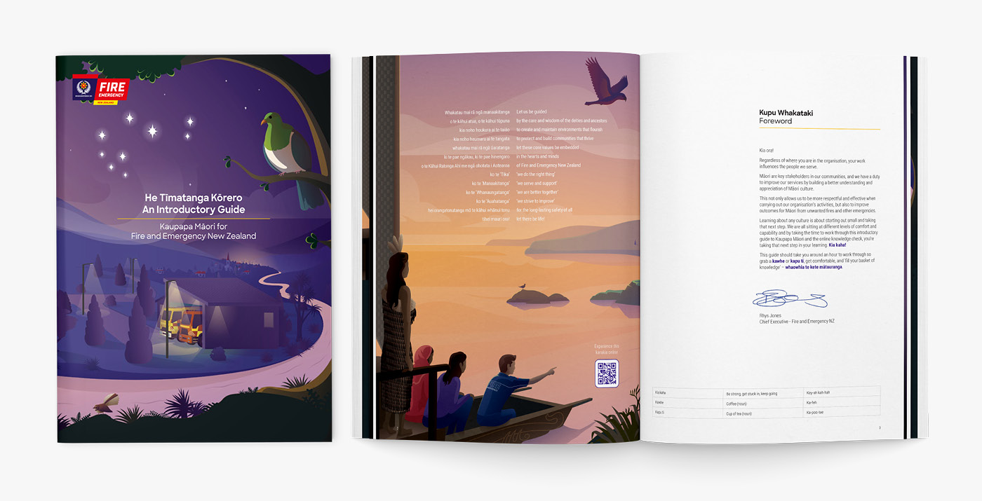 Fire and Emergency NZ 'He Tīmatanga Kōrero' book cover and spread