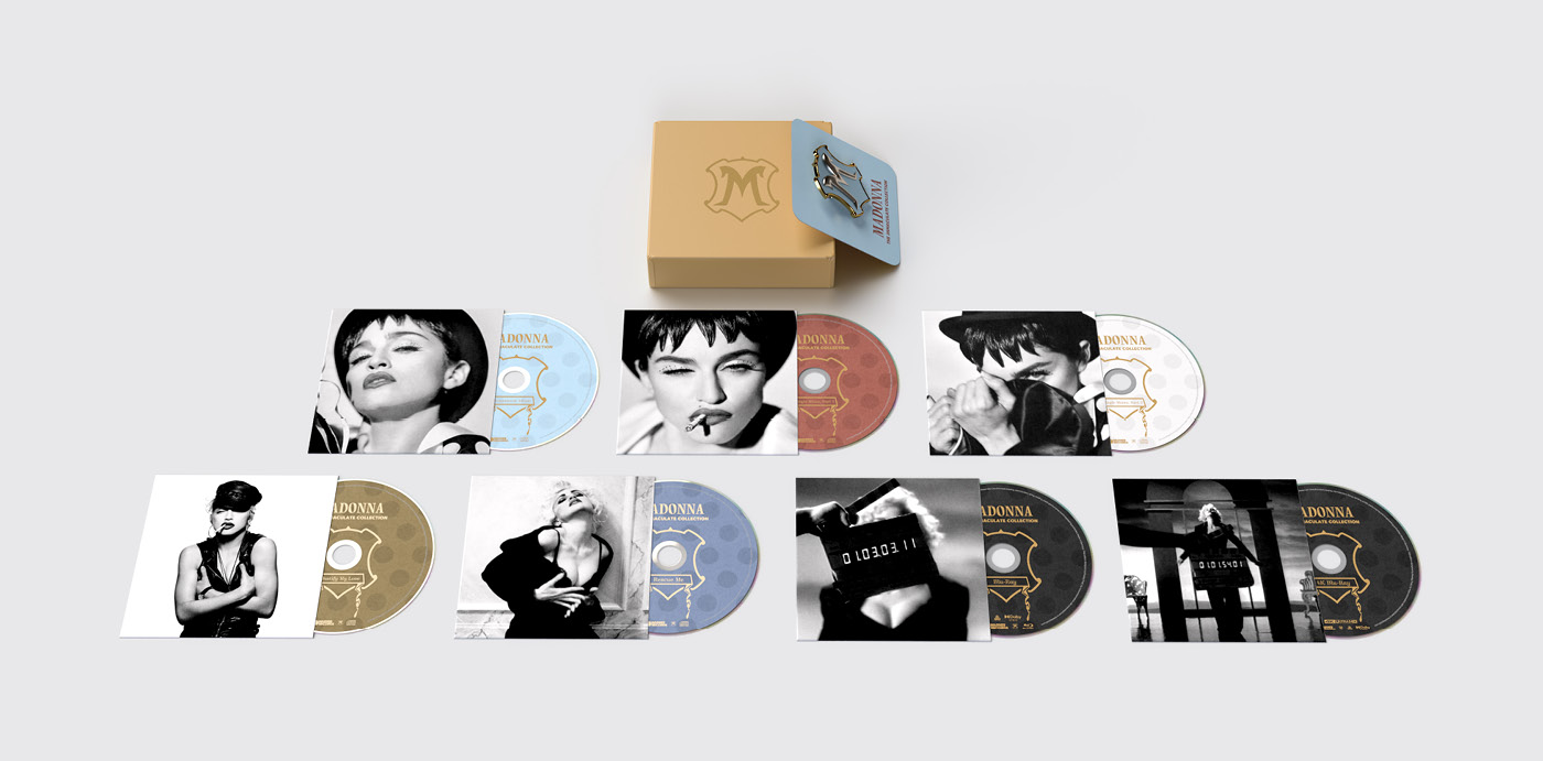 Madonna "The Immaculate Collection" box set design, CDs arranged on the ground