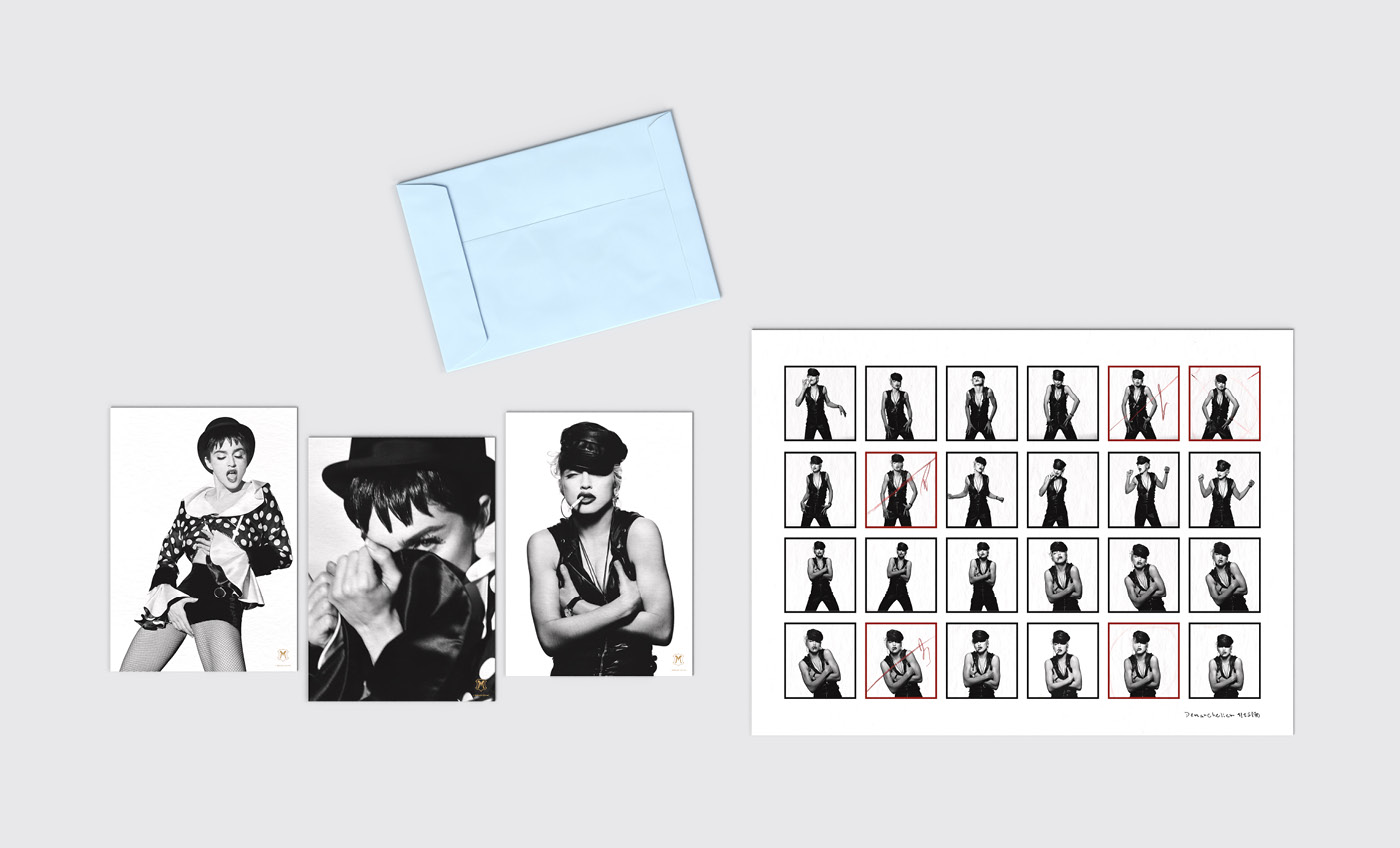 Madonna "The Immaculate Collection" box set design, blue envelope opened with posters and lithograph photos
