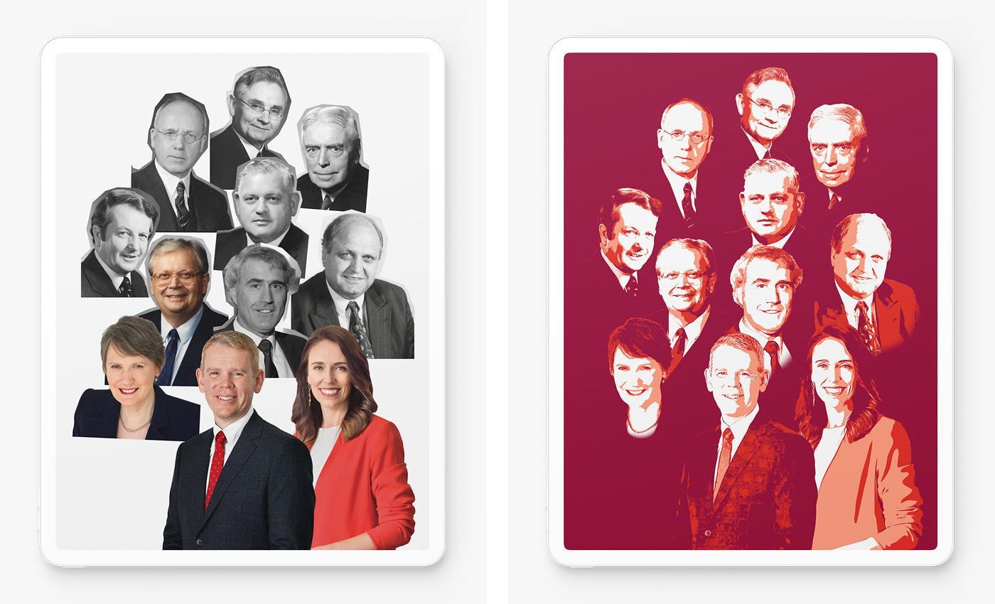 My designs of the 11 previous Labour Prime Ministers of New Zealand: Michael Savage, Peter Fraser, Walter Nash, Norm Kirk, Bill Rowling, David Lange, Geoffrey Palmer, Mike Moore, Helen Clark, Jacinda Ardern and Chris Hipkins.