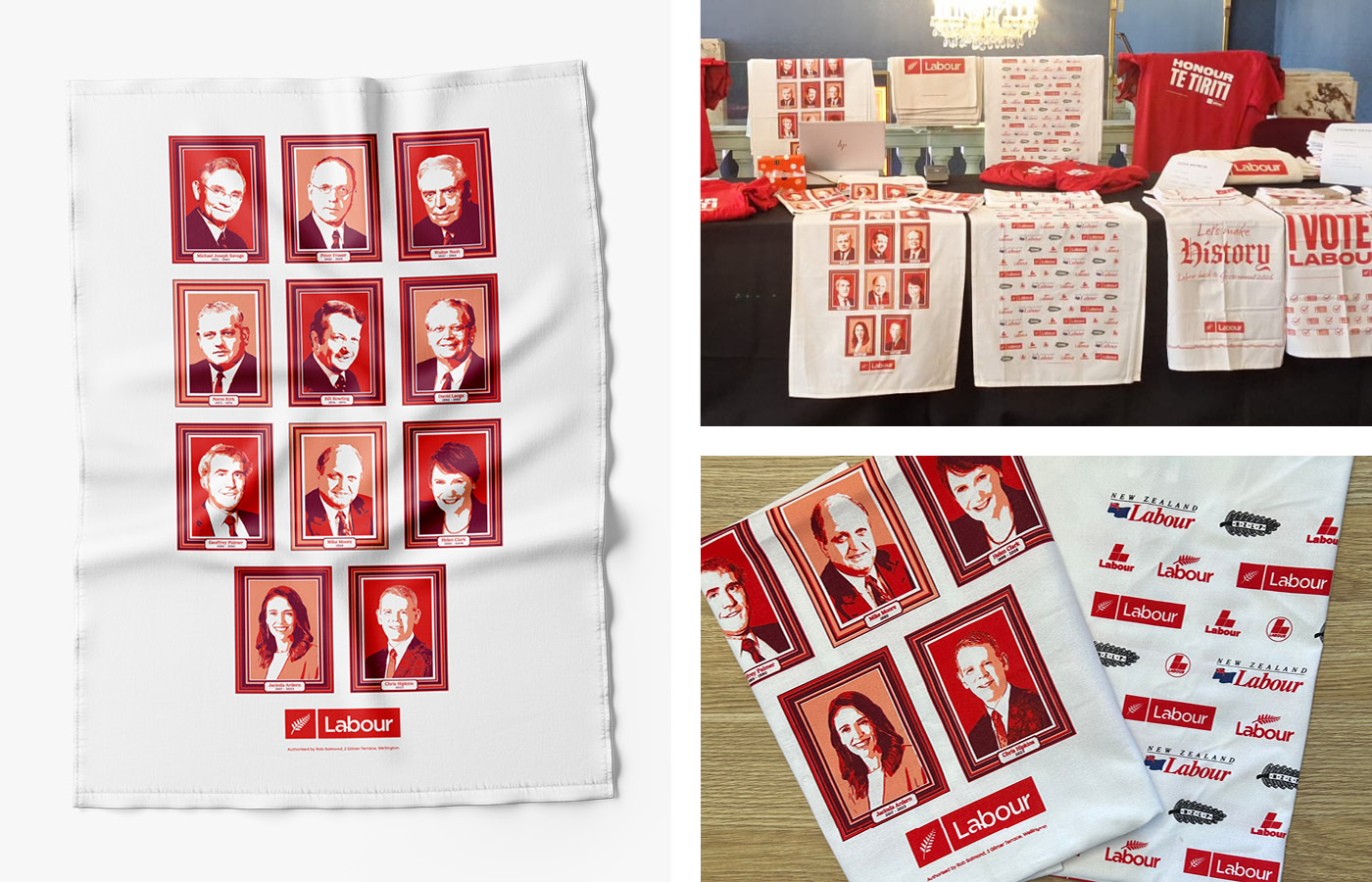 The final tea towel design created for the Labour Party Conference 2024 and featuring the 11 previous Labour Prime Ministers of New Zealand: Michael Savage, Peter Fraser, Walter Nash, Norm Kirk, Bill Rowling, David Lange, Geoffrey Palmer, Mike Moore, Helen Clark, Jacinda Ardern and Chris Hipkins.