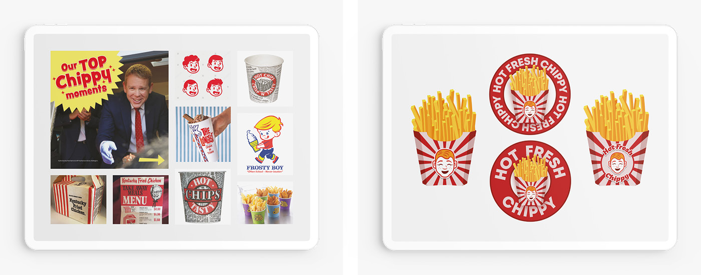 Once I had the idea of Hot Fresh Chippy for Chris Hipkins, my moodboard narrowed down to New Zealand Kiwiana-inspired imagery, including 'Frosty Boy' and 'The Longest Drink in Town'.