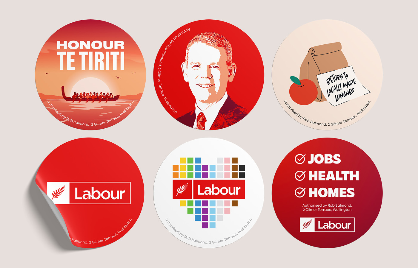 Sticker designs featuring current Labour campaigns, my Chris Hipkins illustration, Labour Pride and more.