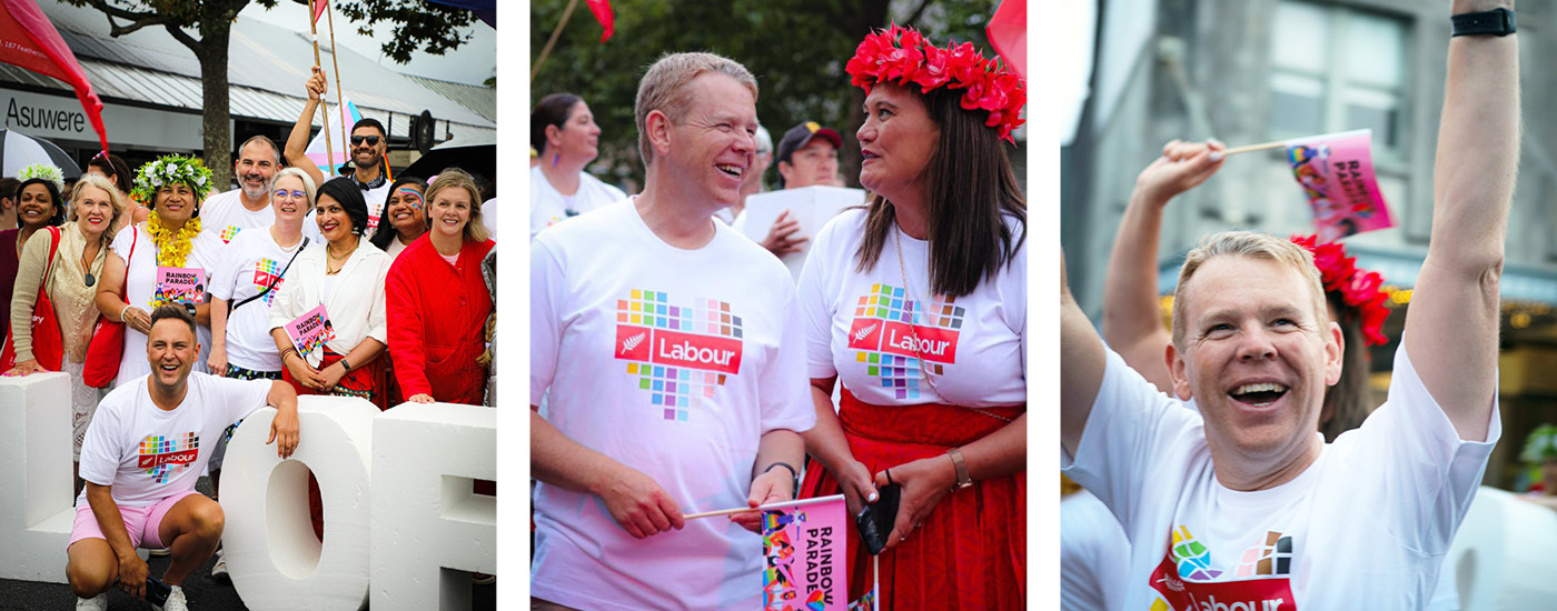Labour Party Leader Chris Hipkins and Co-Leader Carmel Sepuloni at the Auckland Pride event in 2025 wearing the Labour Pride t-shirt designed by Bradley Pratt.
