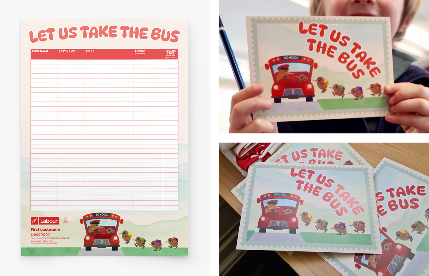 The New Zealand Labour Party's school bus campaign postcards, with watercolour illustrations of cute kiwis getting on a bus.