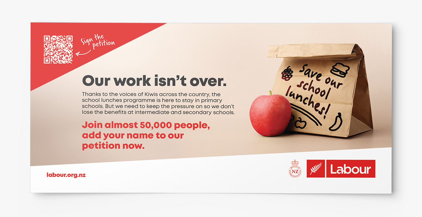 New Zealand Labour Party's campaign to save school lunches, featuring my handwriting on a school lunch bag.
