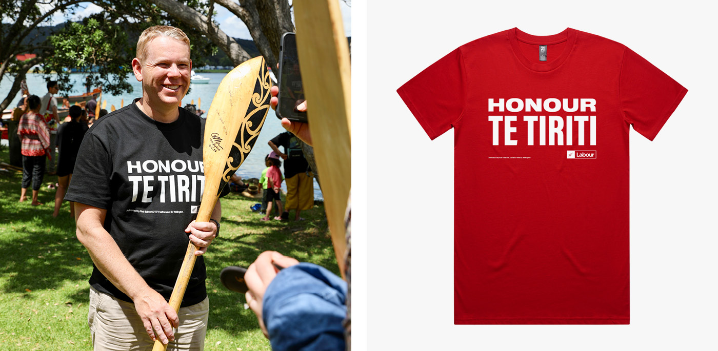 T-shirt design created for Labour supporters, Chris Hipkins and Labour MPs, worn during the 2024 Hīkoi mō te Tiriti protests and at Waitangi in 2025.