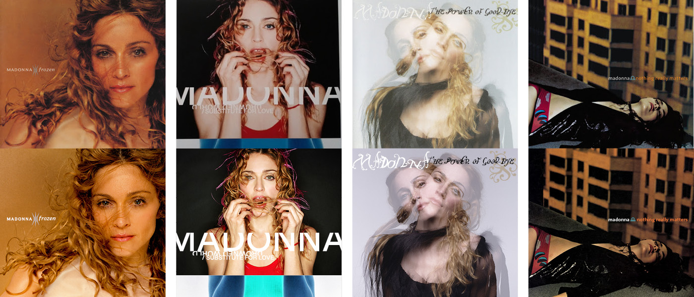 My redesigned and re-created series of single covers from Madonna's "Ray of Light" album, including "Frozen", "Ray of Light", "Drowned World/Substitute for Love", "The Power of Good-Bye", "Nothing Really Matters".