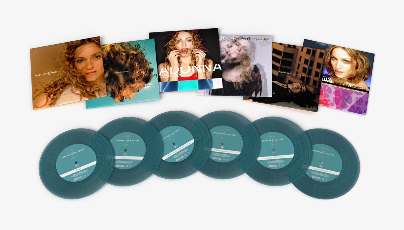 My redesigned and re-created series of Madonna's "Ray of Light" single covers, pressed on translucent blue 7" vinyl.