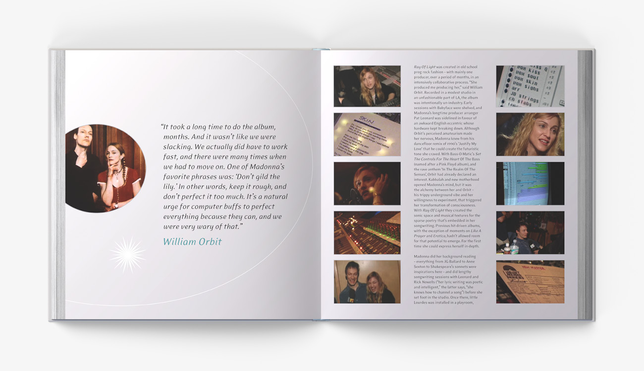 My design of a hardcover book focused on the making of Madonna's "Ray of Light" album, open pages
