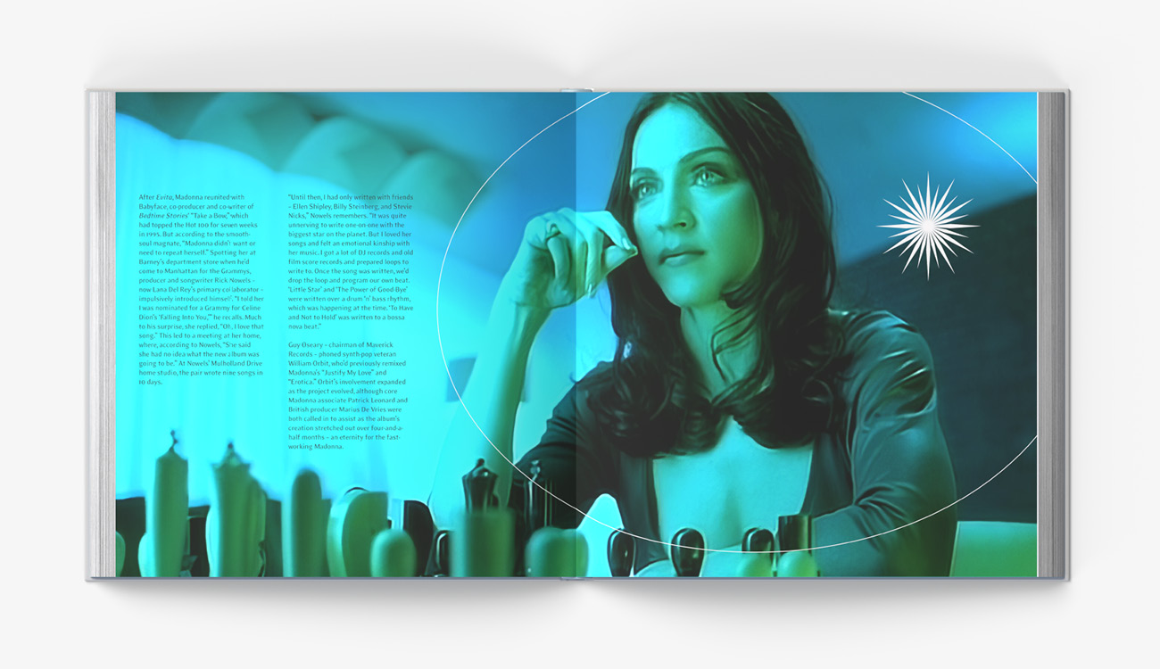 My design of a hardcover book focused on the making of Madonna's "Ray of Light" album, open pages