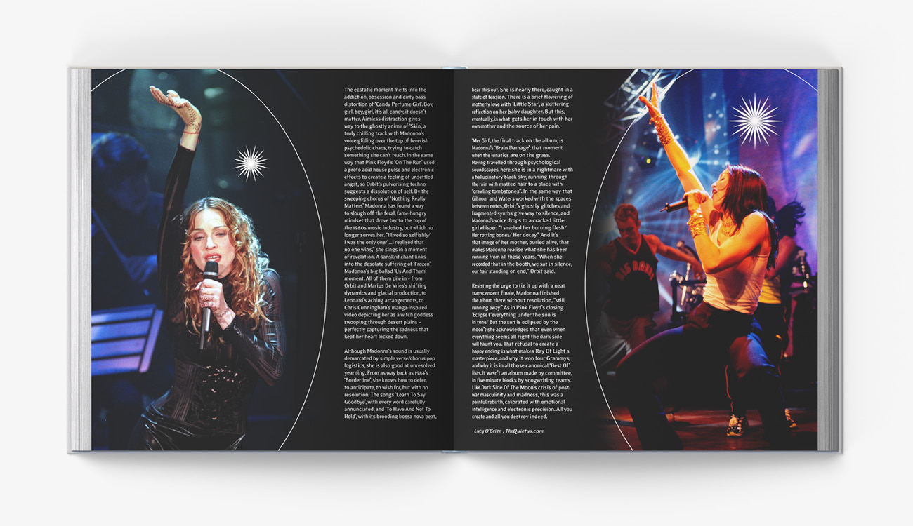 My design of a hardcover book focused on the making of Madonna's "Ray of Light" album, open pages