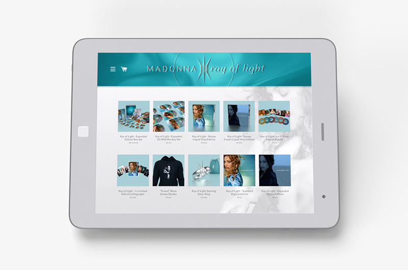 My design of a revamped online store for Madonna in a "Ray of Light" theme