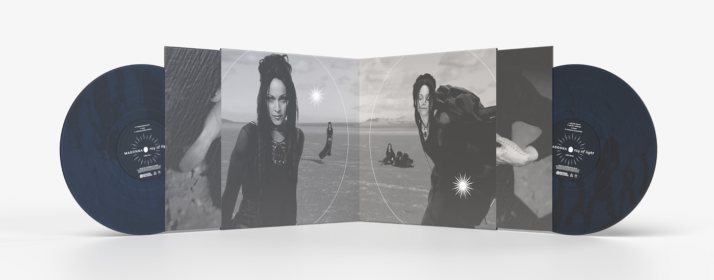My redesigned Madonna "Ray of Light" album cover in a new vinyl edition design based on the "Frozen" music video, open spread with two vinyl LPs