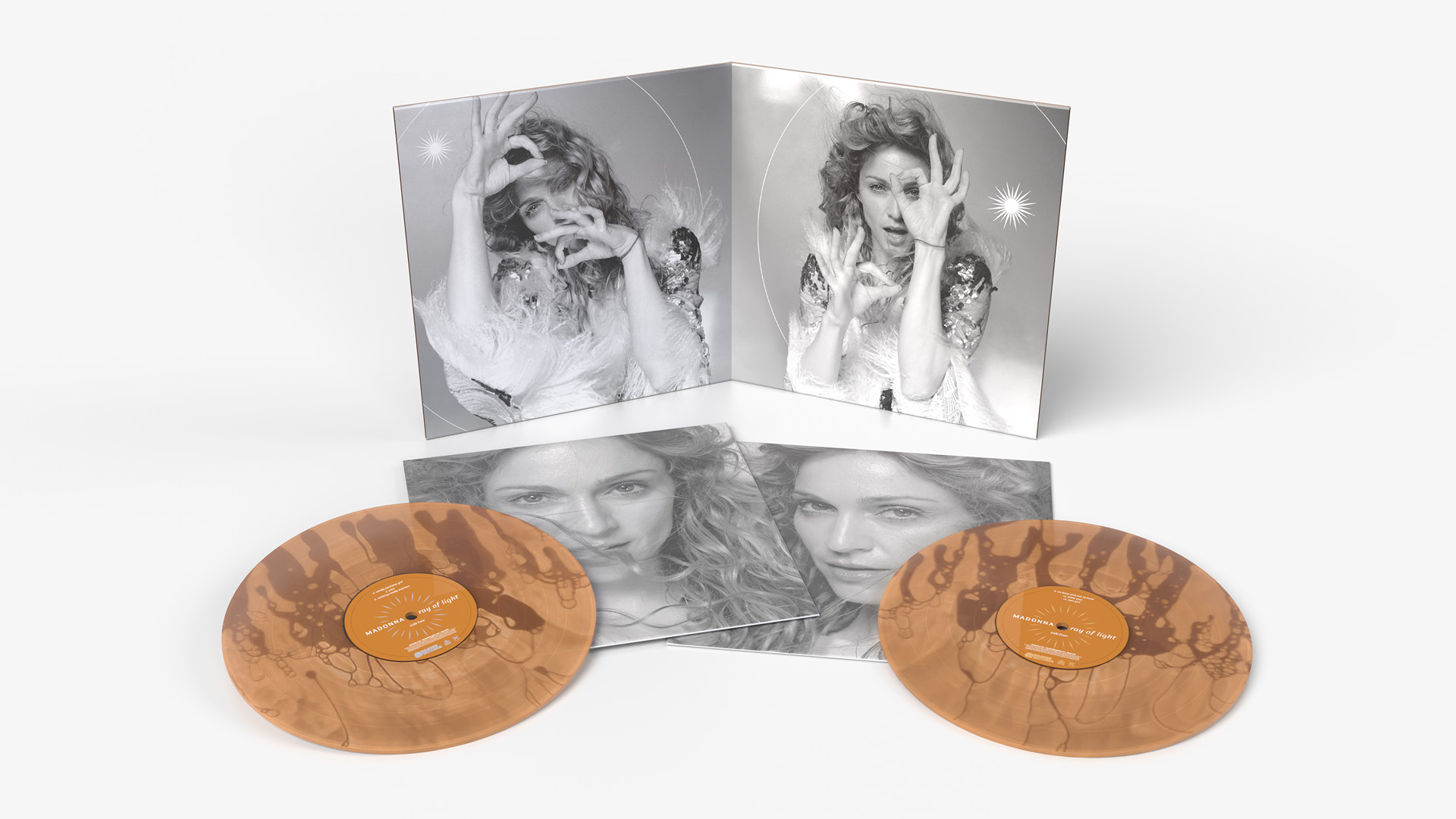 My redesigned Madonna "Ray of Light" album cover in a new vinyl edition design based on the Mario Testino photoshoot, open spread with two vinyl LPs