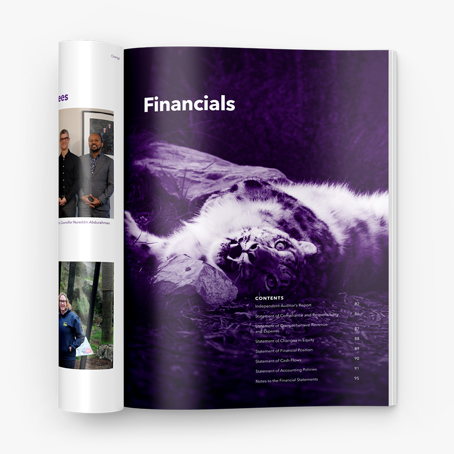 Wellington Zoo's 2024 annual report, including photography of Manju the snow leopard by Bradley Pratt