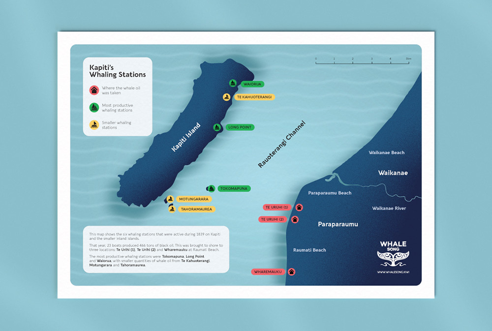 The Whale Song children's activity sheet design, illustrated map of the Kapiti Coast of New Zealand and historic whaling sites