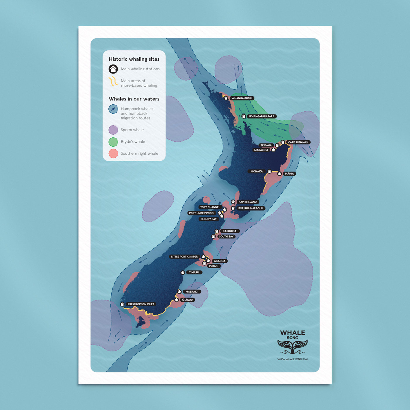 The Whale Song children's activity sheet design, illustrated map of New Zealand and historic whaling sites