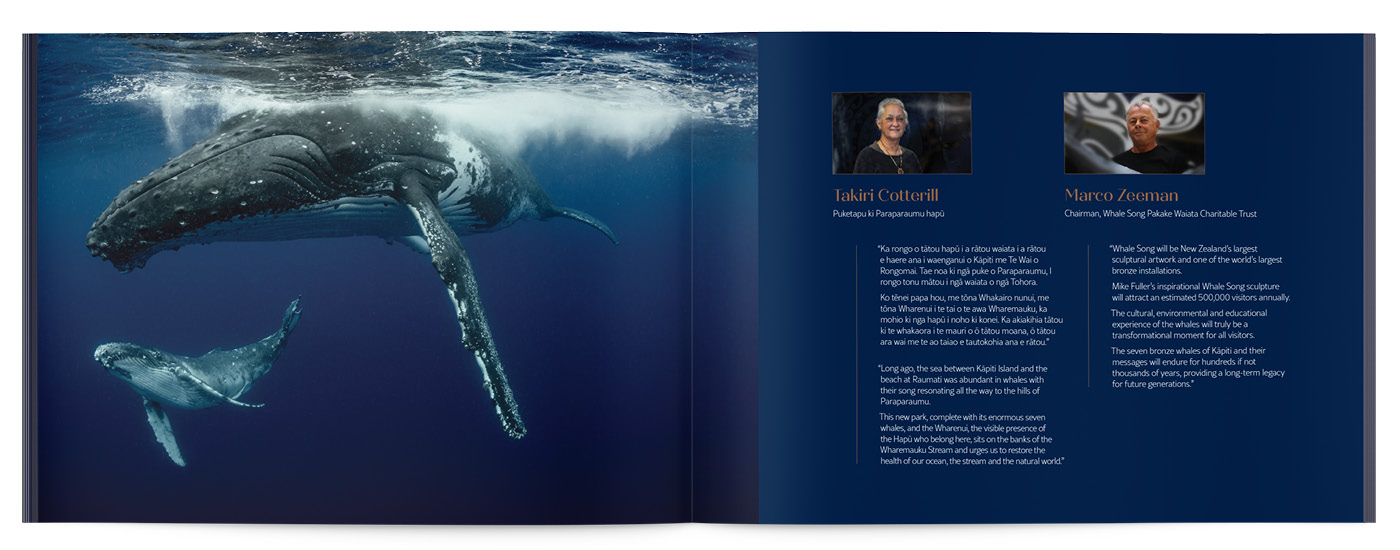 The first spread from the Whale Song Prospectus book, including biographies of Takiri Cotterill and Marco Zeeman
