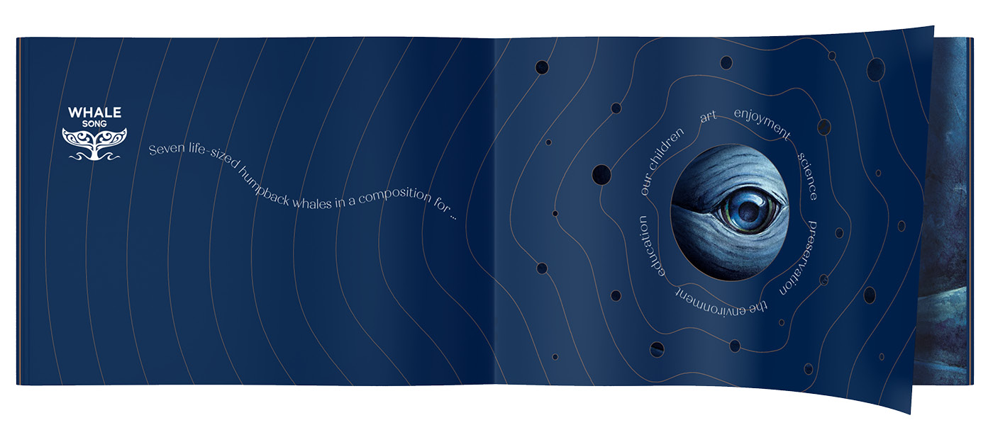 A spread from the Whale Song Prospectus book, including a cut-out revealing a painting by artist Sofie Seyah
