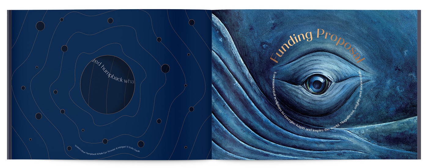 A spread from the Whale Song Prospectus book, opened to reveal the full painting by Sofie Seyah