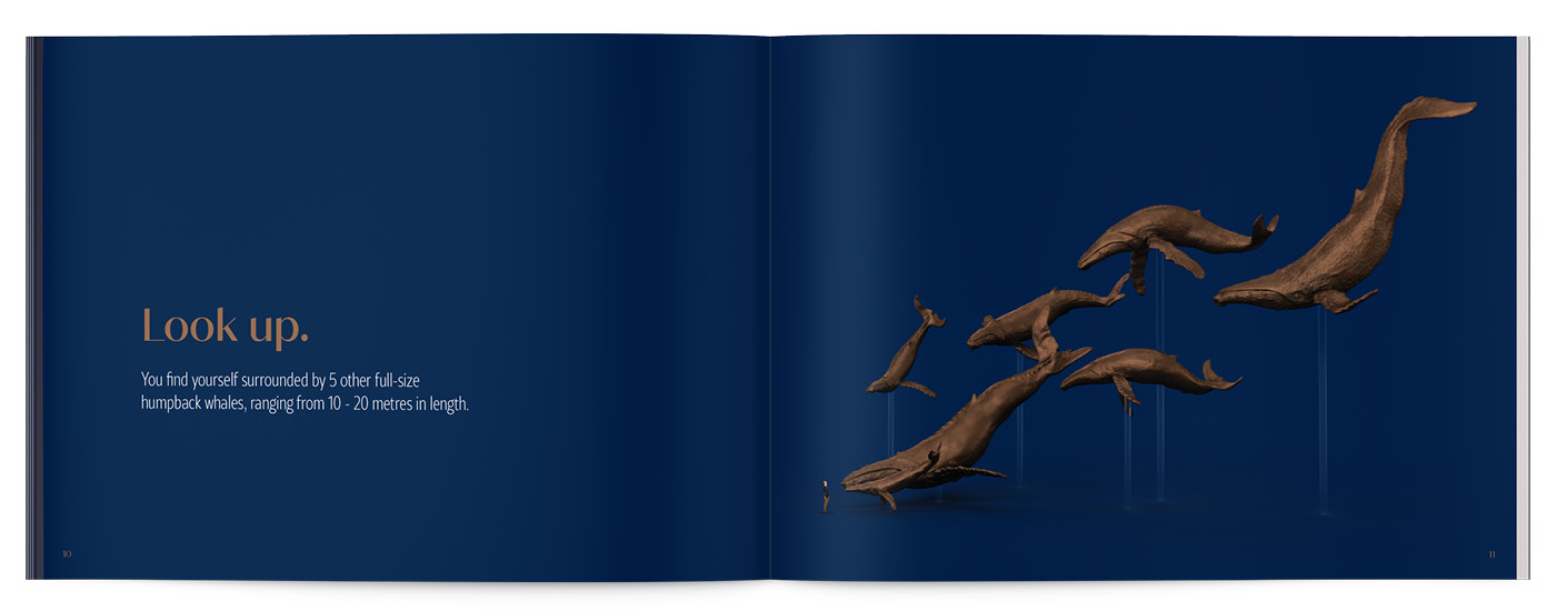 A spread from the Whale Song Prospectus book, with bronze humpback whales on a minimalist navy background with a small person included for scale