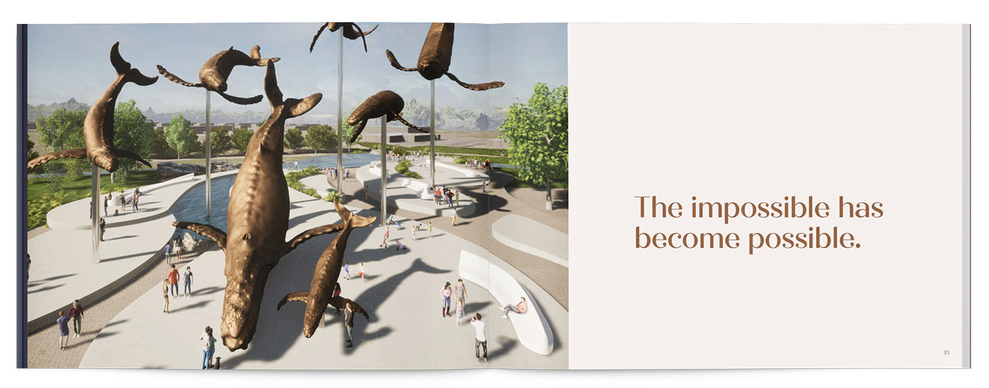 A spread from the Whale Song Prospectus book, with a bronze and cream colour palette, and renders by Tilt Architecture