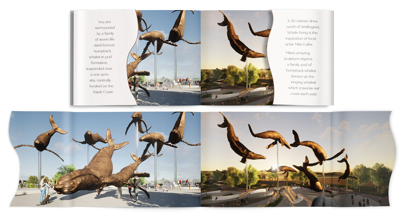 A spread from the Whale Song Prospectus book, with a bronze and cream colour palette, and renders by Tilt Architecture