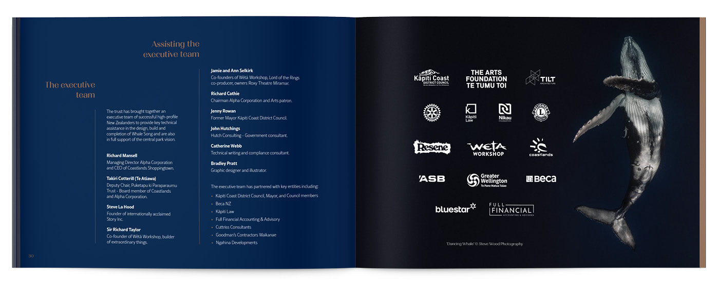 A spread from the Whale Song Prospectus book, with sponsor logos and a list of credits
