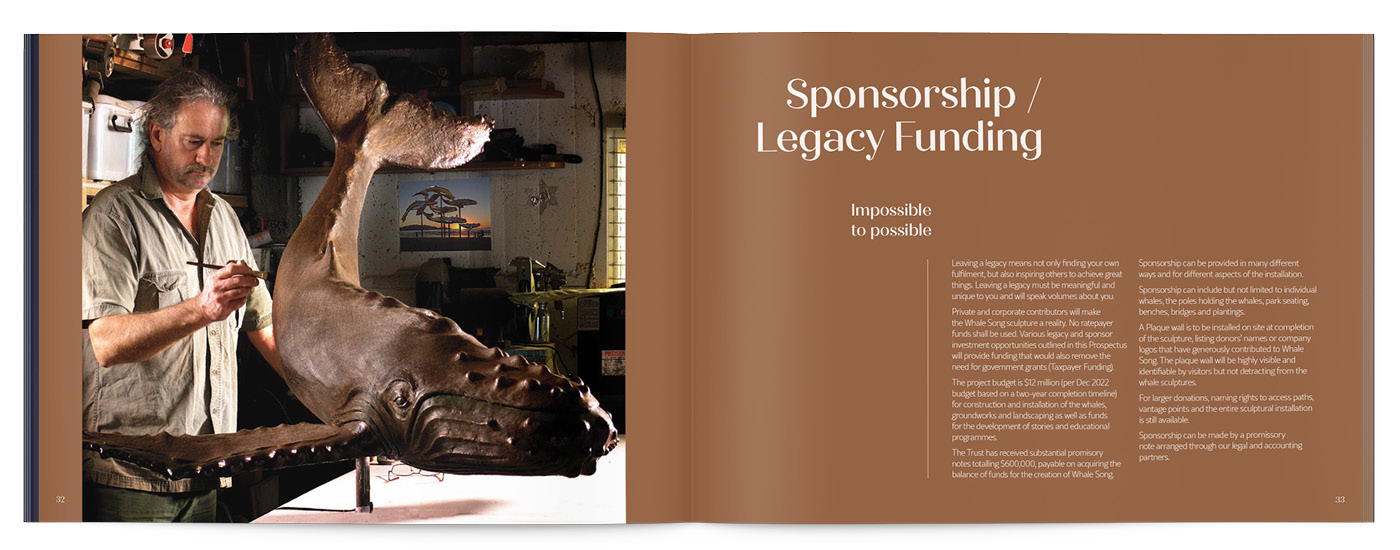 A spread from the Whale Song Prospectus book, including fundraising information