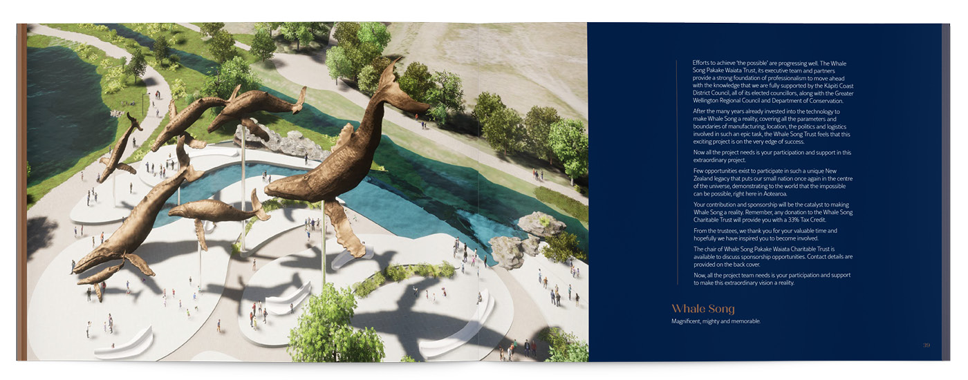 A spread from the Whale Song Prospectus book, with a bronze and navy colour palette, and renders by Tilt Architecture