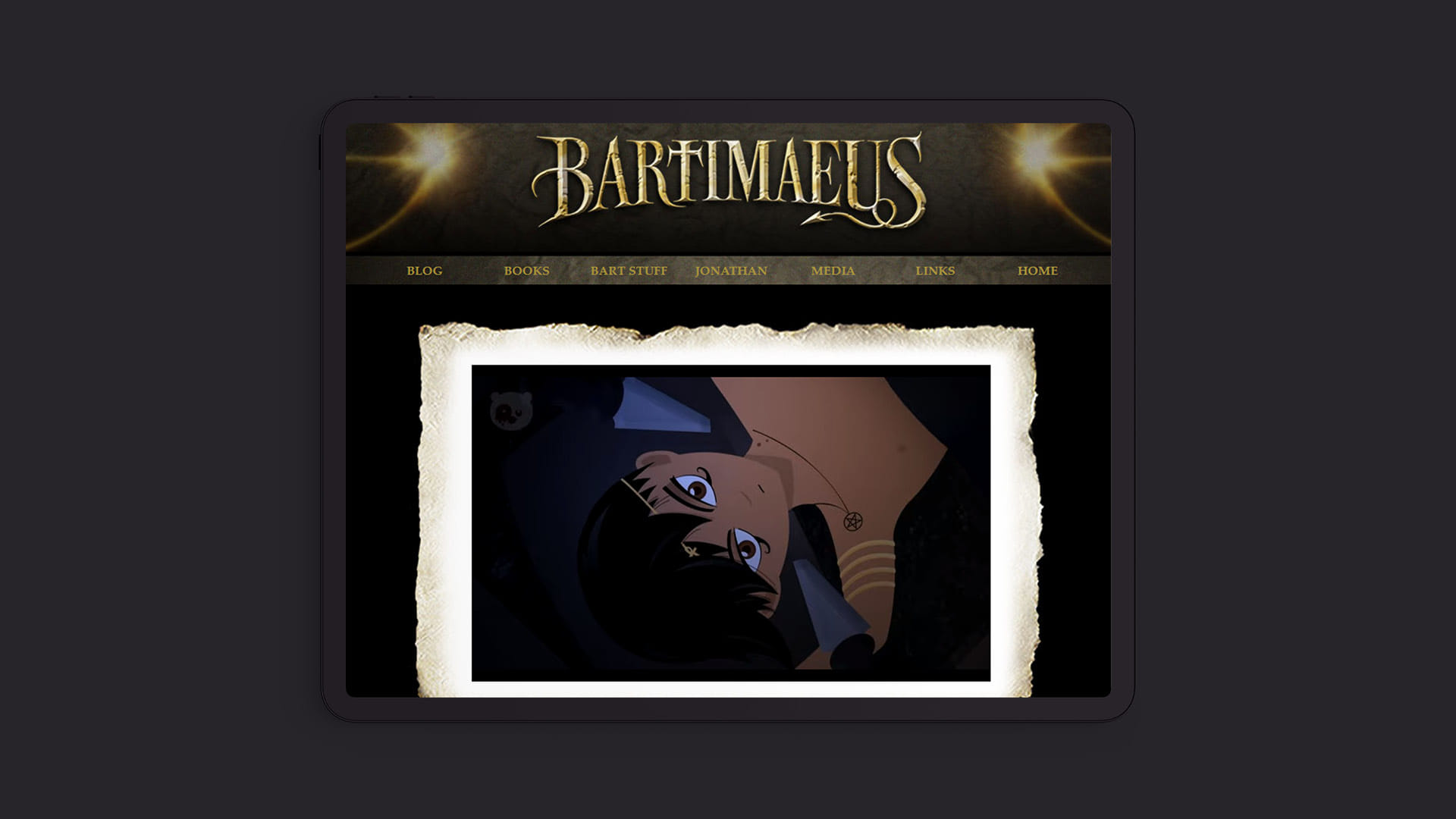 A screenshot of the Bartimaeus official website, with my animated short film 'Bartimaeus: Ptolemy's Gate' permanently displayed.
