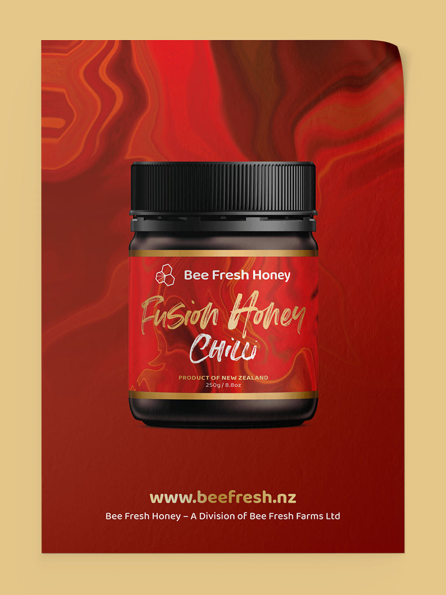 Bee Fresh Farms Fusion Honey poster chilli hot honey flavour