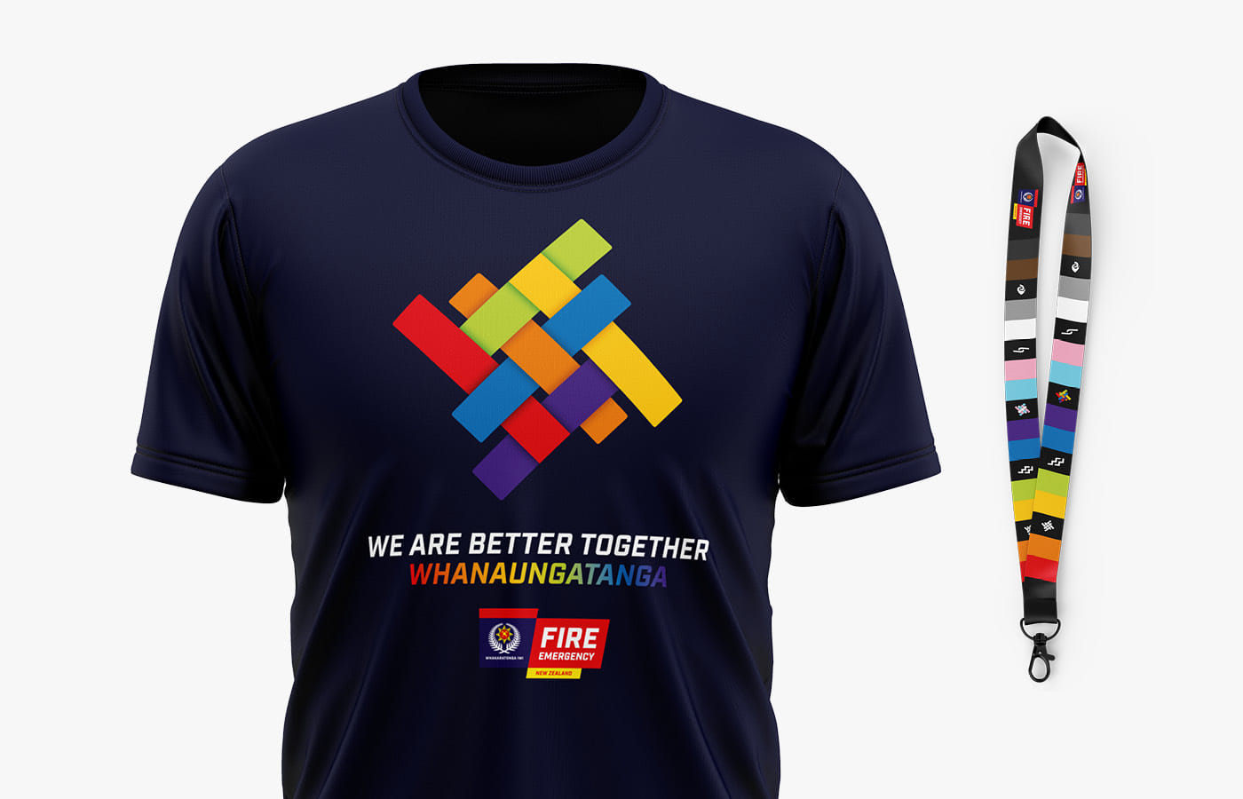 Fire and Emergency NZ Pride and Rainbow event designs on t-shirt and lanyard renders