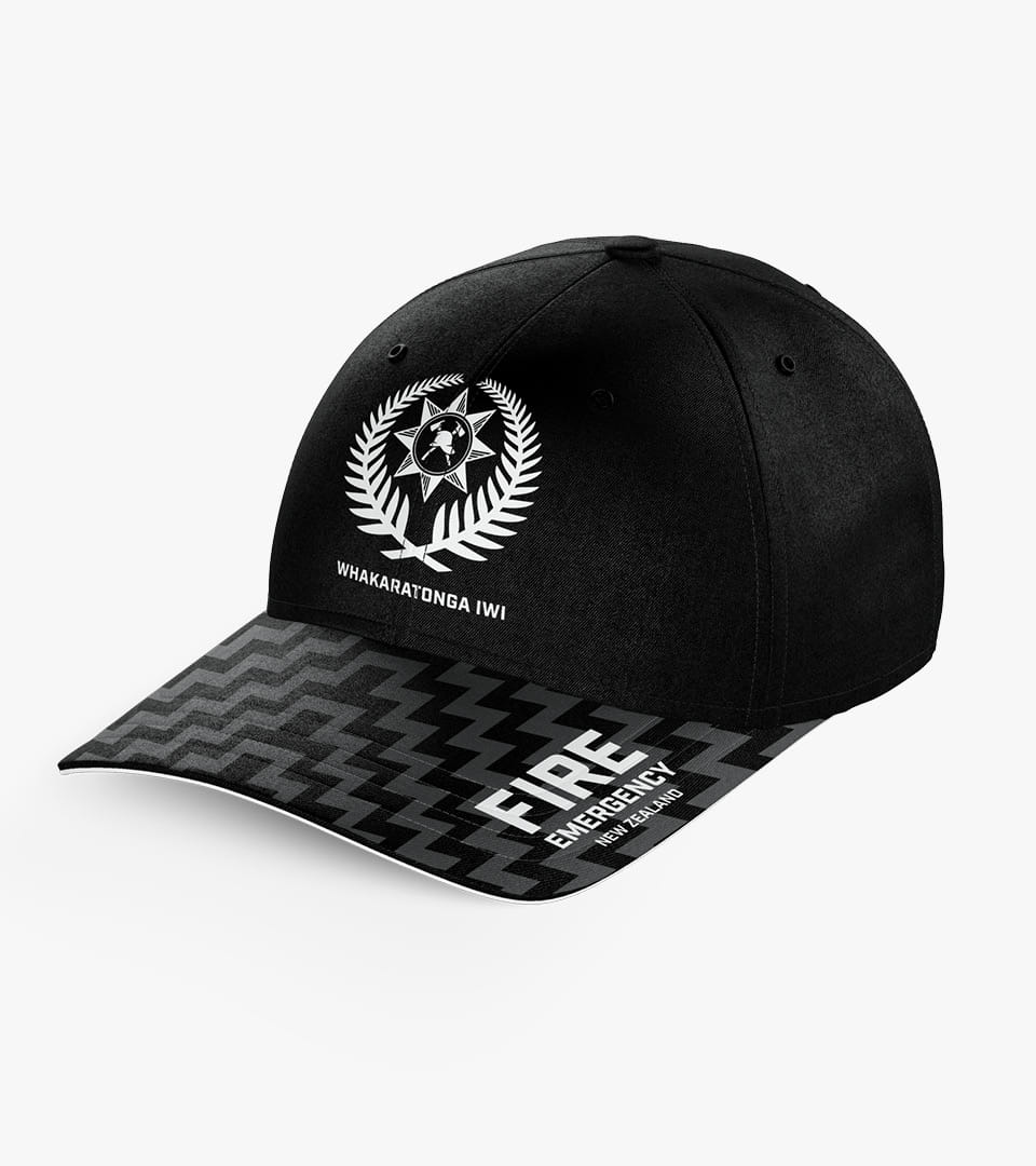 Fire and Emergency NZ uniform baseball and bucket hat renders and photograph