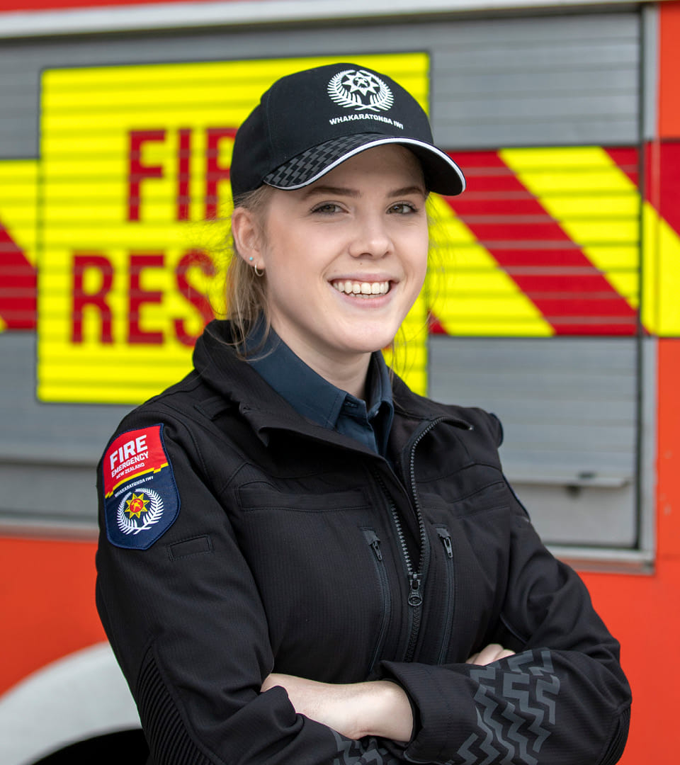 Fire and Emergency NZ uniform baseball and bucket hat renders and photograph