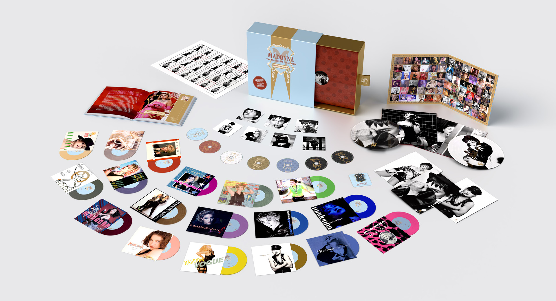 Madonna "The Immaculate Collection" box set design, CDs and vinyl opened and spread out