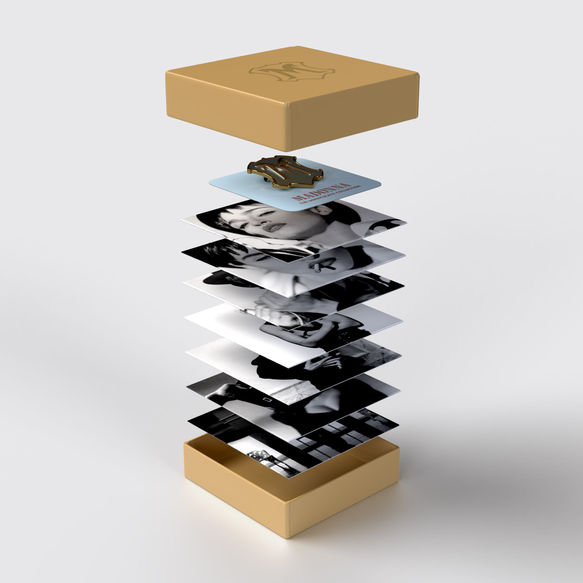 Madonna "The Immaculate Collection" box set design, gold box opened and CDs floating out