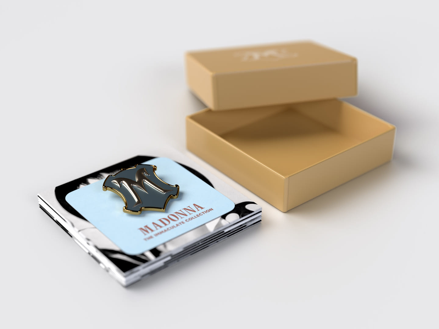 Madonna "The Immaculate Collection" box set design, CD box opened with CDs stacked with shield pin
