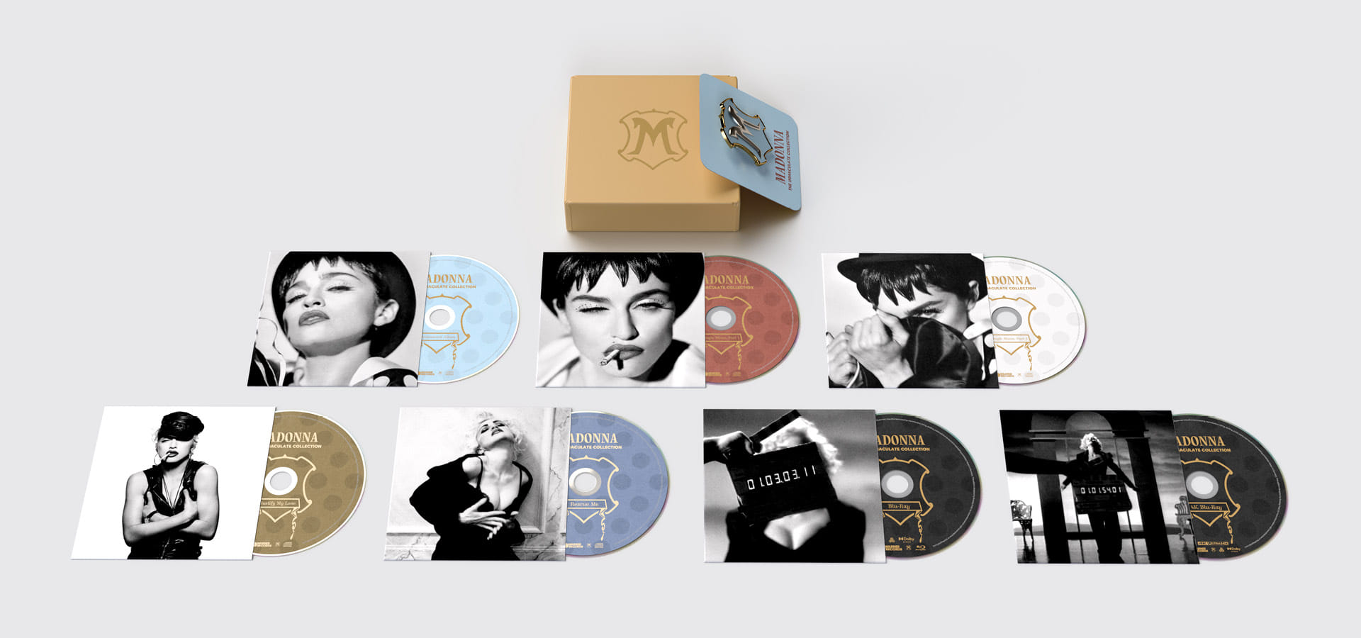 Madonna "The Immaculate Collection" box set design, CDs arranged on the ground