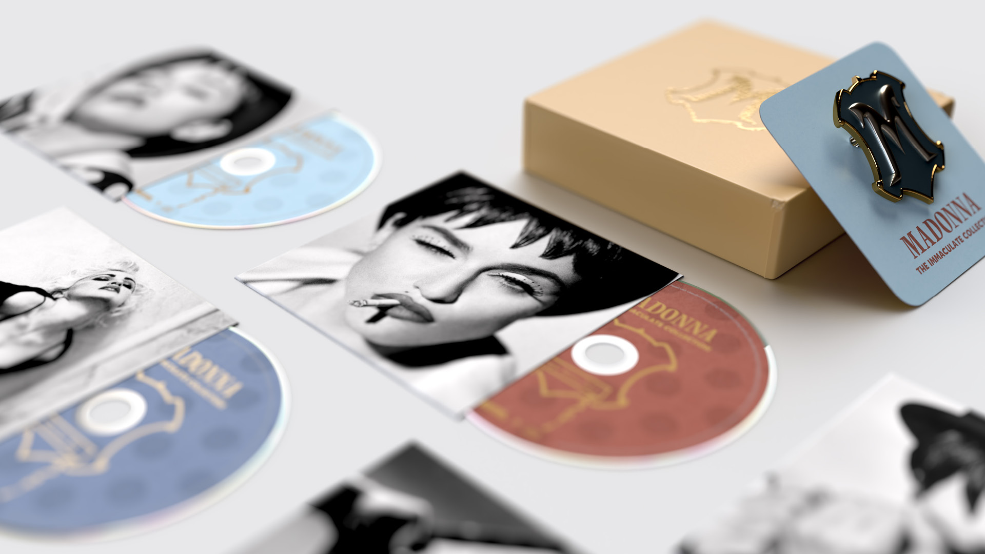 Madonna "The Immaculate Collection" box set design, close up of the CDs