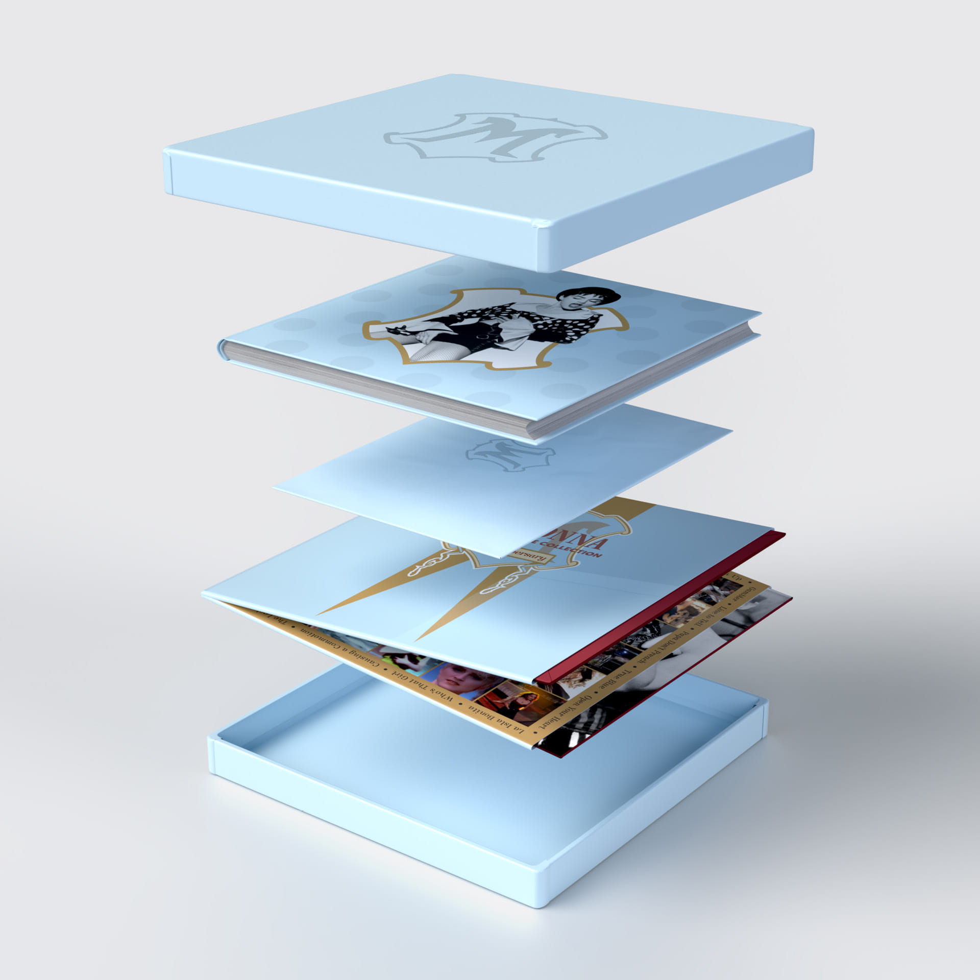 Madonna "The Immaculate Collection" box set design, blue box open and vinyl floating out
